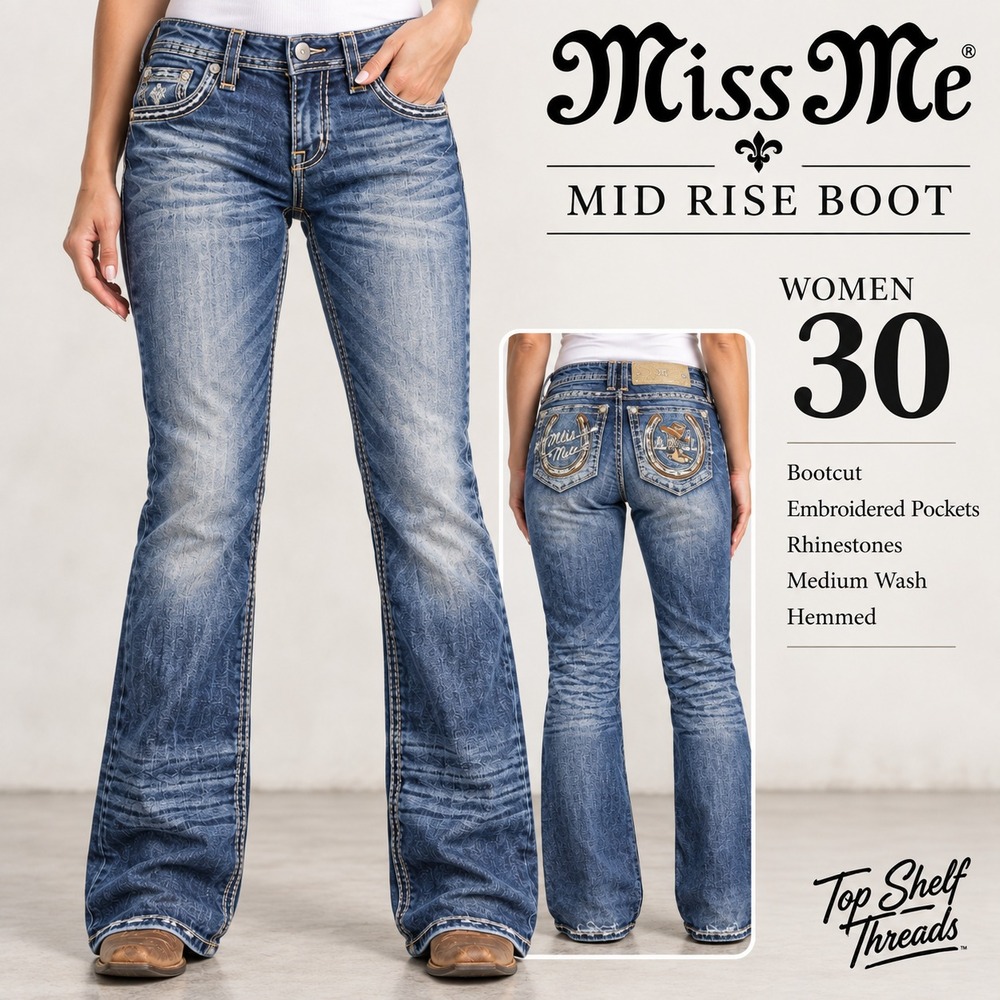 Miss Me Women W30 L32 Mid Rise Boot Western Horseshoe Rhinestone Cowgirl Jeans